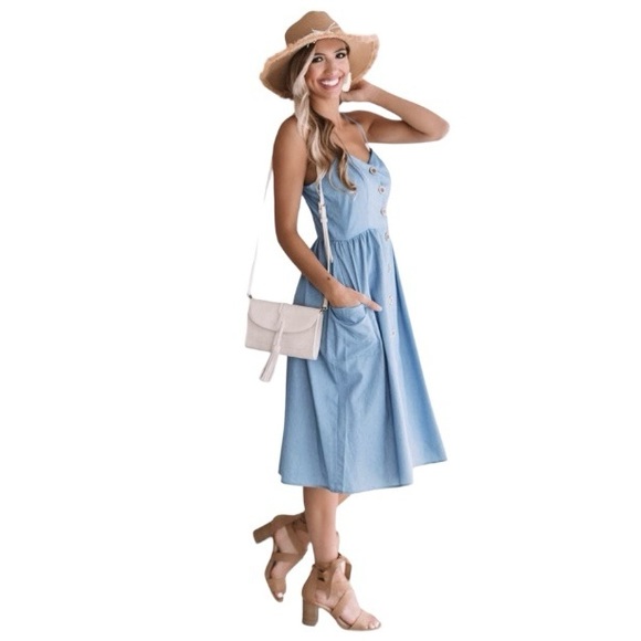 Chambray midi button front dress with pockets - Picture 5 of 5